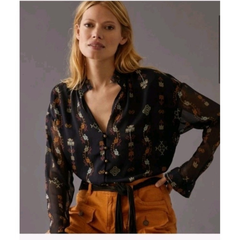Pilcro Anthropologie Tavi Blouse Black Aztec Shirt Top Ruffle Button Sz M